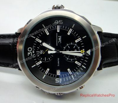 Replica IWC Aquatimer Mens Watch SS Black Chronograph Leather Band 44mm